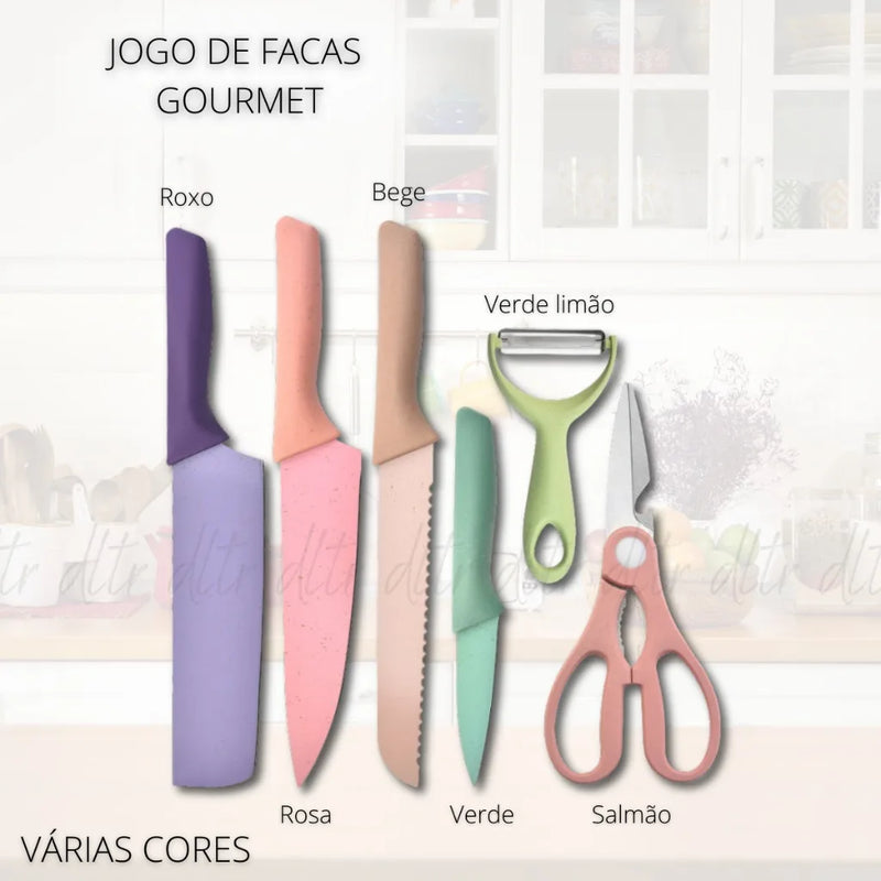 Kit facas para cozinha, conjunto de 6 peças, culinária colorida