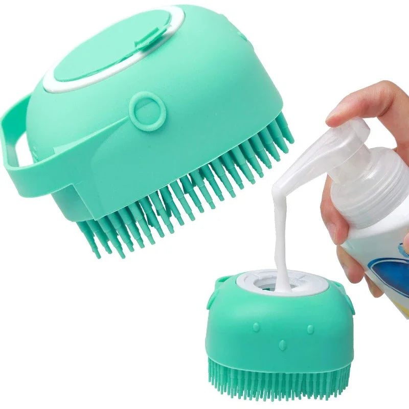 Escova para banho pet com dispenser para shampoo